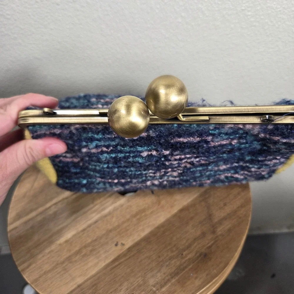 Textured Bouclé Kisslock Frame Clutch Bag Navy Mustard Pink Vintage Style